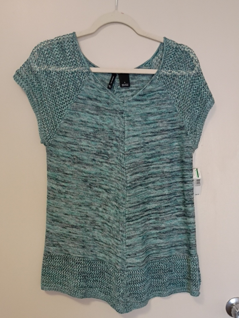 New Directions Teal Marled Short Sleeve Knit Top Large